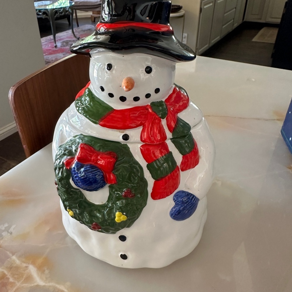 Vintage Festive Snowman Cookie Jar - White, Red, Green, Blue